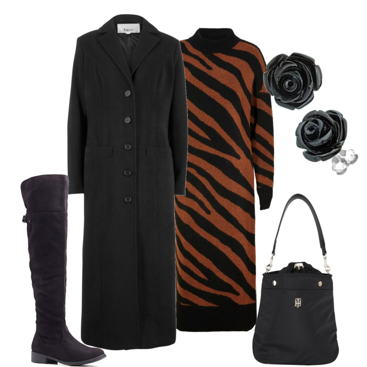 Outfit donna - In città. Stile Casual chic per Tutti i giorni. Abbinamento con cappotti, vestiti, stivali sopra il ginocchio, borse a mano, orecchini.