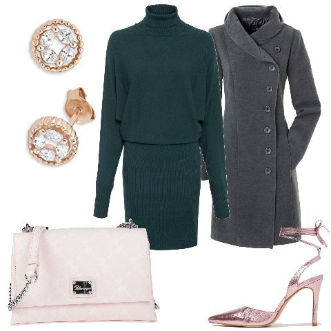 Outfit donna - Il vestito perfetto per l\'inverno Curvy. Stile Glamour per Tutti i giorni. Abbinamento con vestiti, cappotti, borse a tracolla, décolleté, orecchini.