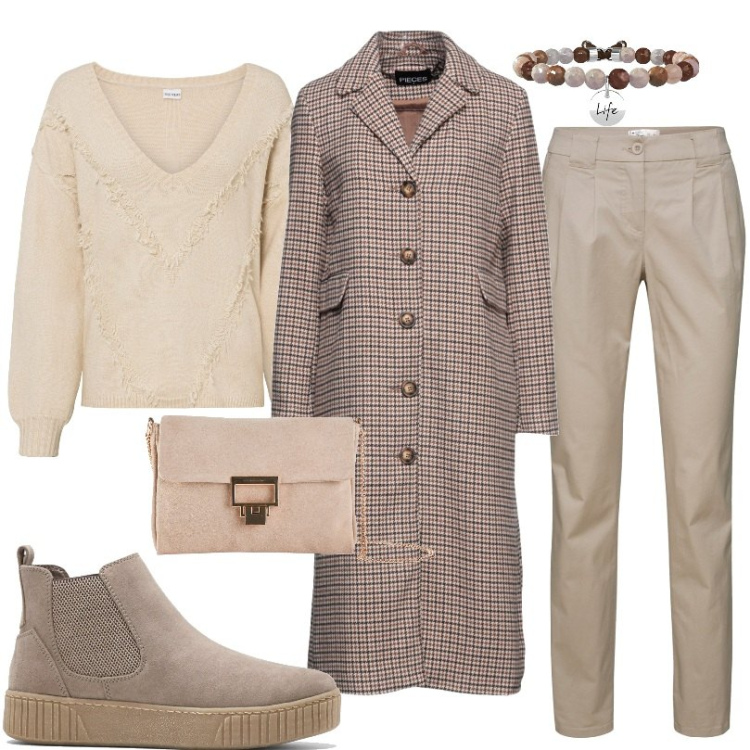 Outfit donna - Total look #1526031. Stile Casual per Ufficio. Abbinamento con pantaloni chino, maglieria, stivaletti, pochette, cappotti, braccialetti.