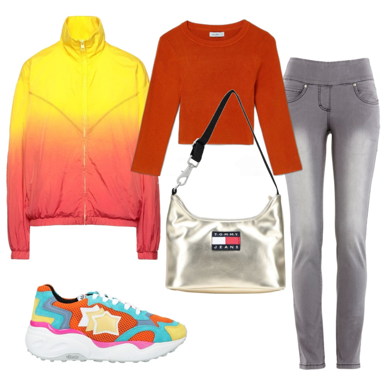 Outfit donna - Giorni di sole in arrivo. Stile Basic per Tutti i giorni. Abbinamento con jeans slim fit, sneakers, borse a spalla, giacche, t-shirt.