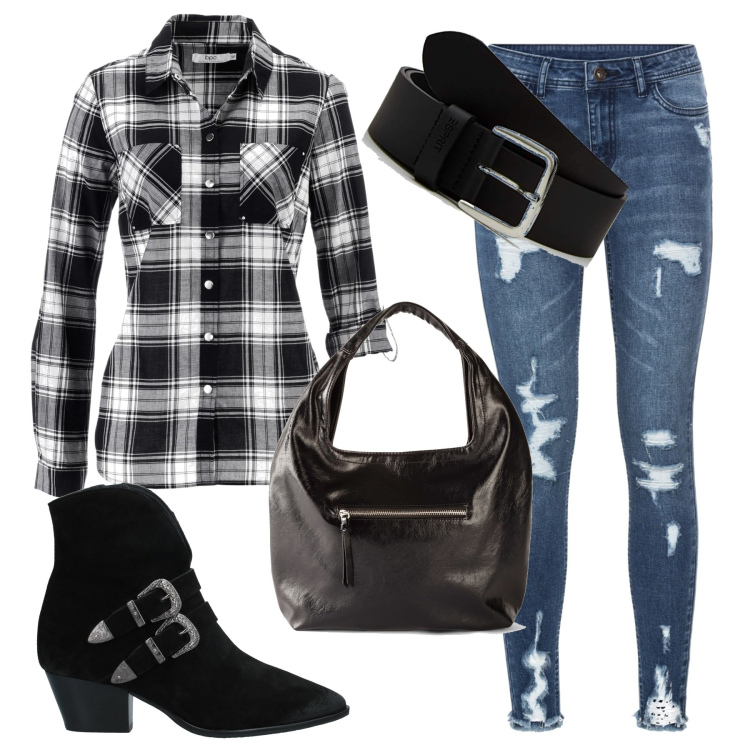 Outfit donna - Casual febbraio. Stile Basic per Tutti i giorni. Abbinamento con camicie, jeans strappati, borse a mano, stivaletti, cinture.