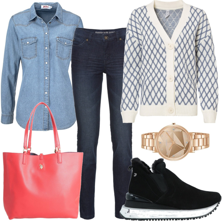 Outfit donna - Allegria e semplicità. Stile Casual per Tutti i giorni. Abbinamento con jeans skinny, camicie, cardigans, stivaletti, borse a mano, orologi analogici.