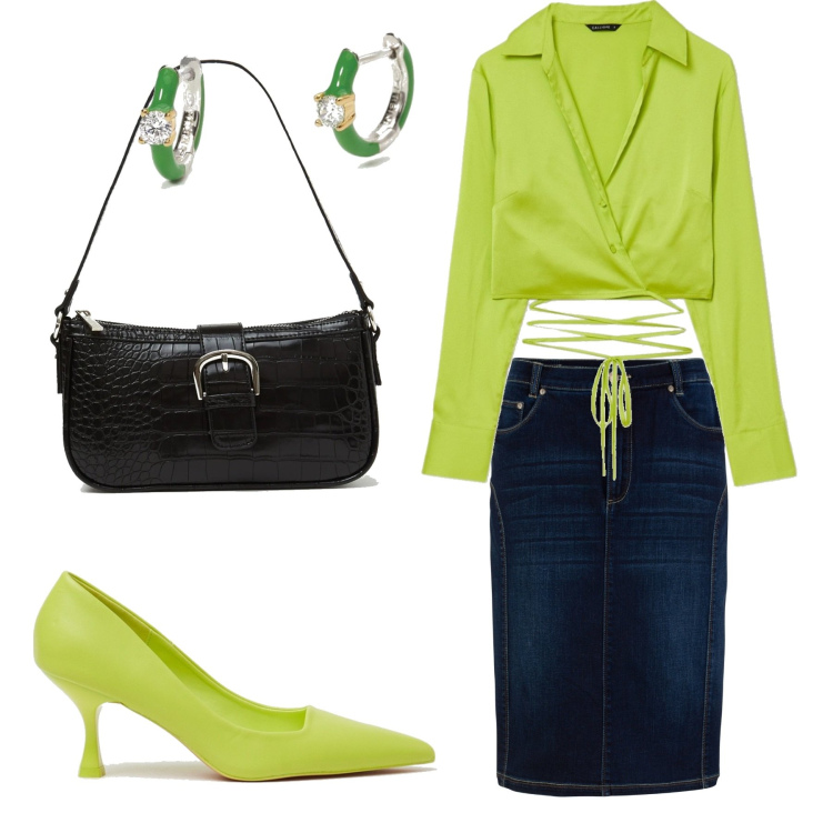Outfit donna - La gonna di jeans. Stile Basic per Serata fuori. Abbinamento con gonne, orecchini, décolleté, camicie, borse a spalla.