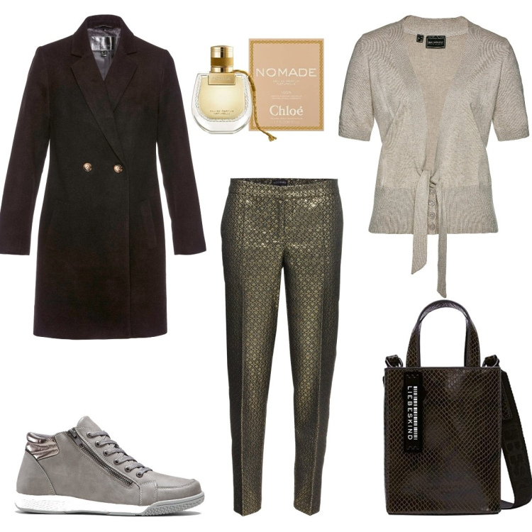 Outfit donna - Casual #2439. Stile Casual per Ufficio. Abbinamento con sneakers alte, cappotti, cardigans, pantaloni, borse tote, profumi.