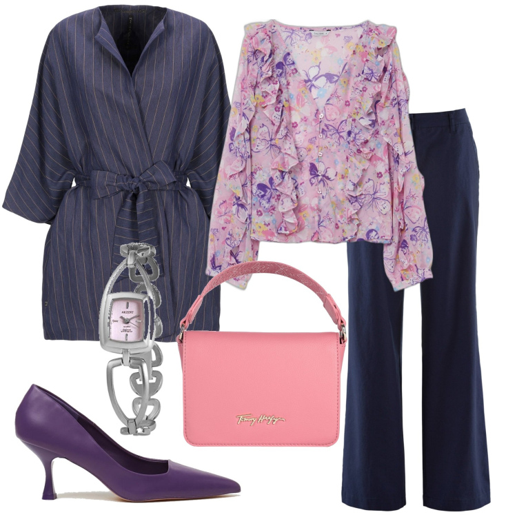 Outfit donna - Un po\' di volant in ufficio. Stile Basic per Ufficio. Abbinamento con blazer, borse a mano, pantaloni, camicie, décolleté, orologi.