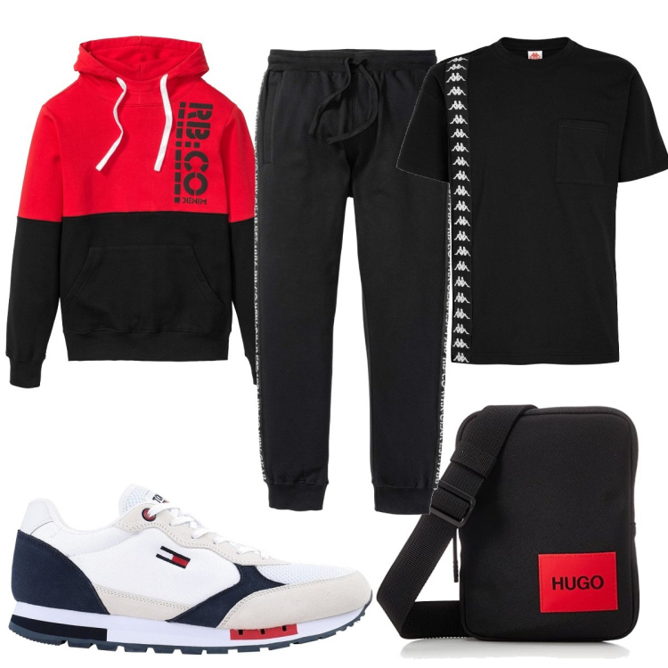 Outfit uomo - Borsa sportiva Hugo. Stile Trendy per Sport. Abbinamento con felpe con cappuccio, pantaloni, sneakers, t-shirt, borse sportive.
