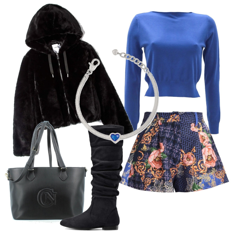 Outfit donna - Trendy attraente. Stile Trendy per Serata fuori. Abbinamento con stivali, cappotti, shorts, pullovers, braccialetti, borse a tracolla.