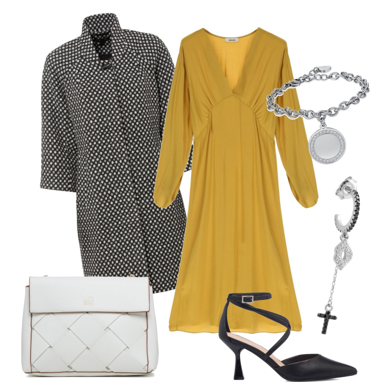 Outfit donna - Mustard yellow. Stile Chic per Tutti i giorni. Abbinamento con vestiti, orecchini, braccialetti, vestiti midi/longuette, borse a tracolla, décolleté.