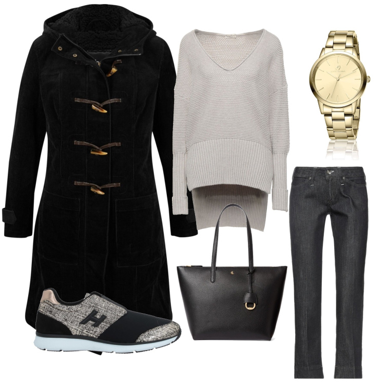 Outfit donna - Una giornata in città. Stile Urban per Tutti i giorni. Abbinamento con montgomery, sneakers, pullovers, jeans dritti, orologi, borse tote.
