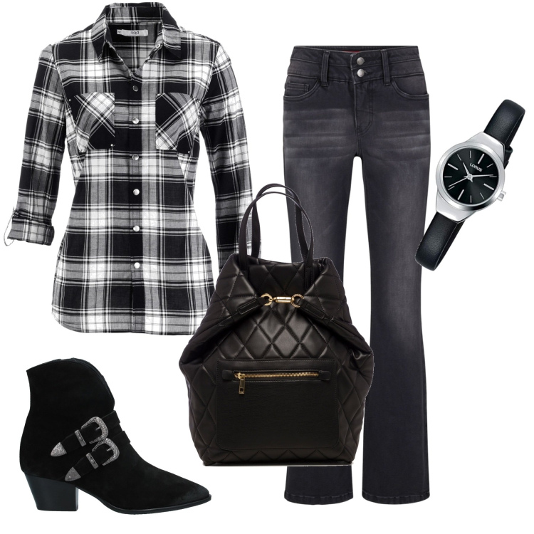 Outfit donna - Camicia a quadri. Stile Basic per Tutti i giorni. Abbinamento con camicie, jeans bootcut, stivaletti, borse a secchiello, orologi analogici.