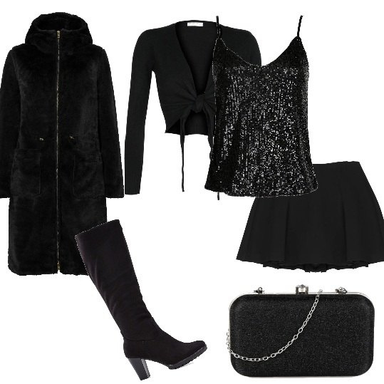 Outfit donna - Serata trendy minigonna e stivali. Stile Trendy per Serata fuori. Abbinamento con stivali, ecopellicce, top, bolero, pochette, minigonne.