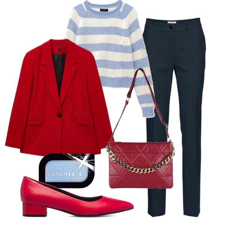 Outfit donna - Un classico primaverile. Stile Bon Ton per Tutti i giorni. Abbinamento con pantaloni, pochette, blazer, maglieria, décolleté, ombretti.