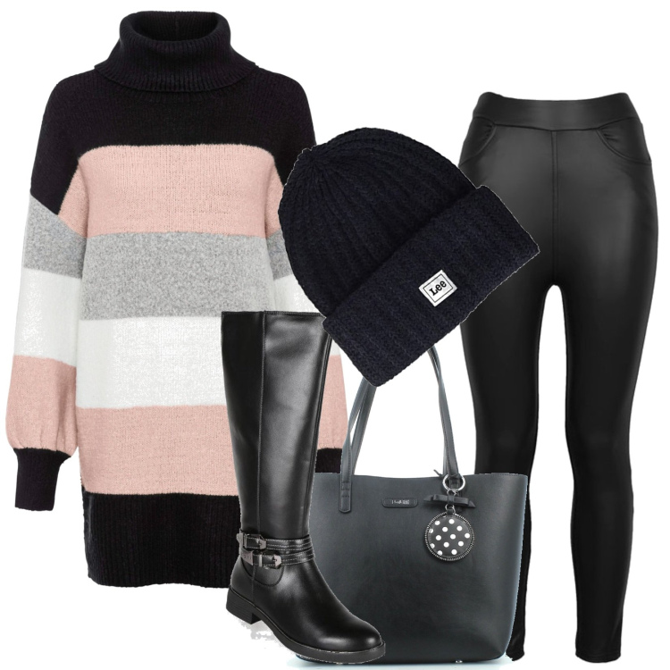 Outfit donna - Total look #1527295. Stile Casual per Scuola/Università. Abbinamento con maglieria, treggings, stivali, shopping bag, berretti.