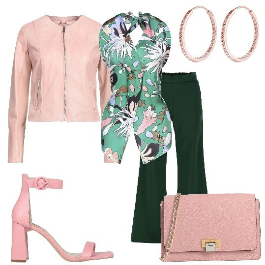 Outfit donna - Pantalone verde e fantasia floreale. Stile Casual chic per Cerimonia. Abbinamento con sandali col tacco, top, giacche, borse a tracolla, pantaloni, orecchini.