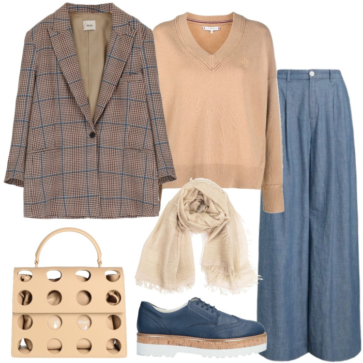 Outfit donna - Tempo libero. Stile Casual per Tutti i giorni. Abbinamento con scarpe stringate, borse a mano, sciarpe, maglieria, pantaloni, cappotti.