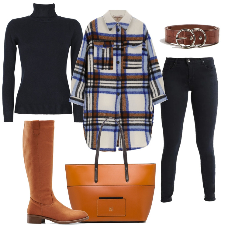 Outfit donna - In centro. Stile Urban per Tutti i giorni. Abbinamento con stivali, cinture, pantaloni skinny, maglieria, cappotti, borse a spalla.