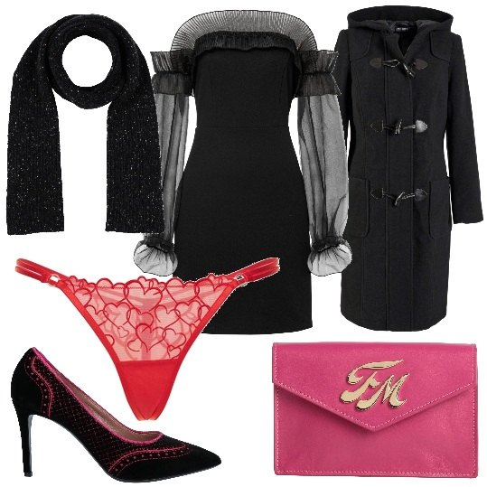Outfit donna - Bantoa San Valentino: Uno stile da amare. Stile Glamour per Serata fuori. Abbinamento con montgomery, vestiti, borse a mano, sciarpe, décolleté, perizomi.