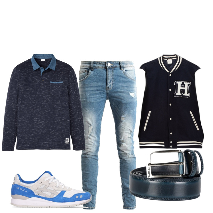 Outfit uomo - Total look #1527771. Stile Urban per Tutti i giorni. Abbinamento con polo, cinture, jeans strappati, bomber, sneakers.
