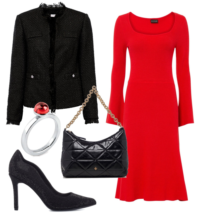 Outfit donna - Il vestito rosso. Stile Basic per Serata fuori. Abbinamento con vestiti corti, blazer, anelli, décolleté, borse a tracolla.