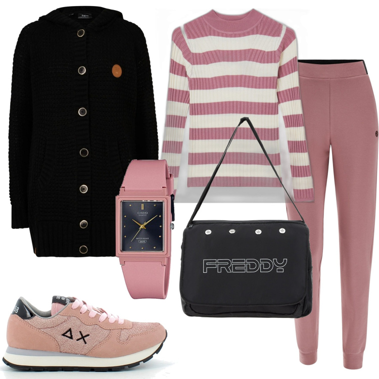 Outfit donna - Rosa gym. Stile Basic per Tutti i giorni. Abbinamento con cardigans, borse messenger, pantaloni, orologi, maglieria, sneakers.