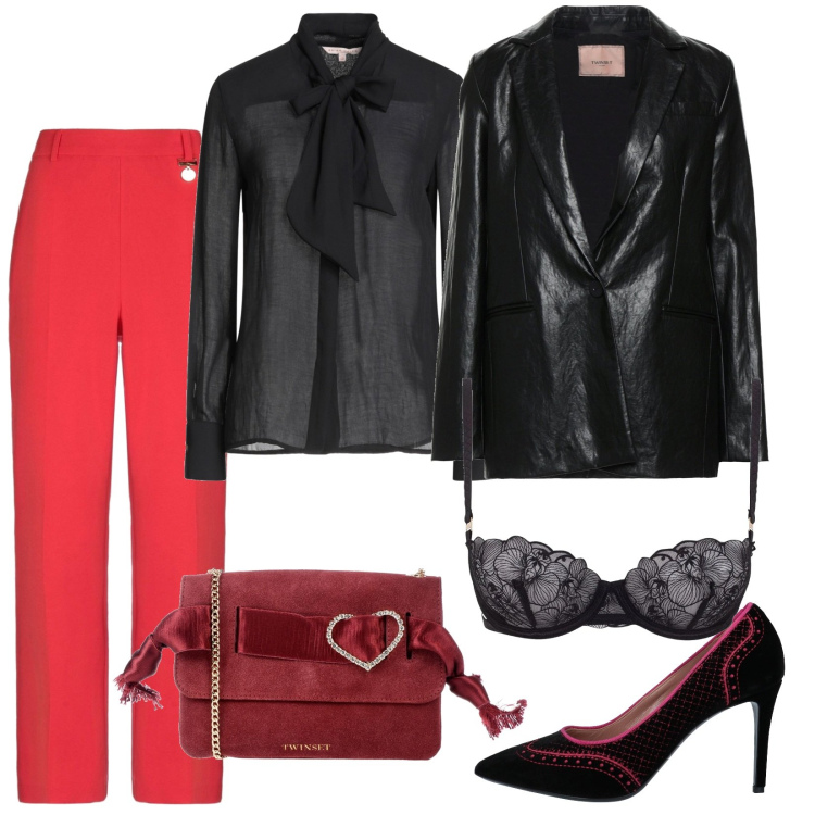 Outfit donna - Passione rossa. Stile Sexy per Serata fuori. Abbinamento con décolleté, pantaloni, camicie, blazer, borse a tracolla, reggiseni.