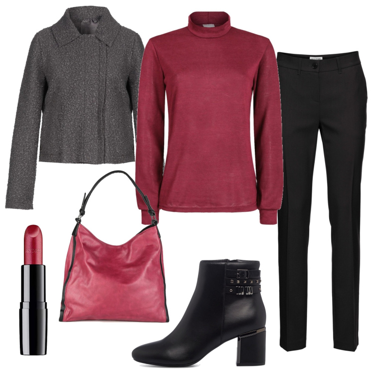 Outfit donna - Lo stivaletto. Stile Casual chic per Tutti i giorni. Abbinamento con pantaloni, cappotti, maglieria, borse a spalla, stivaletti, rossetti.