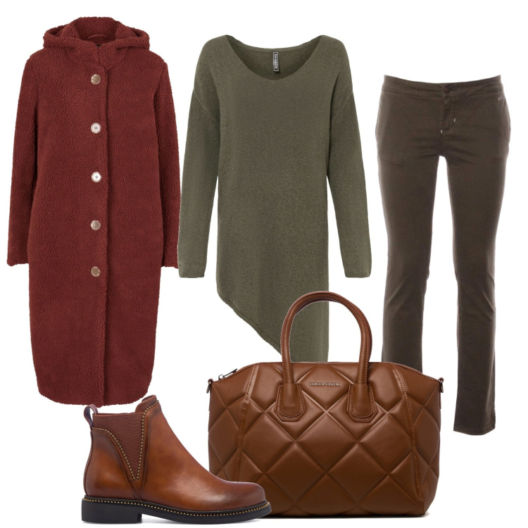 Outfit donna - Praticità in città. Stile Casual per Tutti i giorni. Abbinamento con maglieria, ecopellicce, pantaloni, borse a mano, stivaletti.
