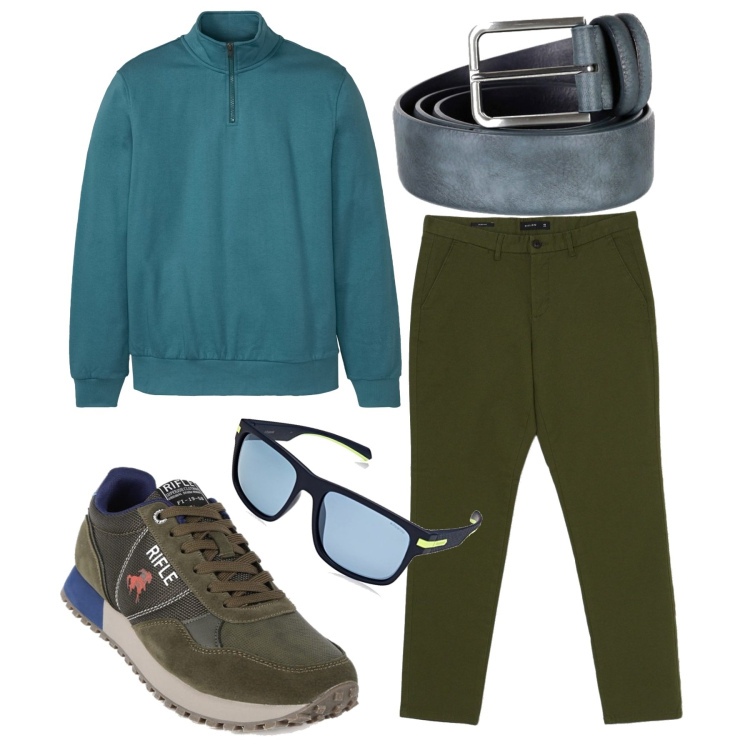 Outfit uomo - La felpa color mare. Stile Urban per Tutti i giorni. Abbinamento con felpe, sneakers, cinture, pantaloni chino, occhiali da sole.