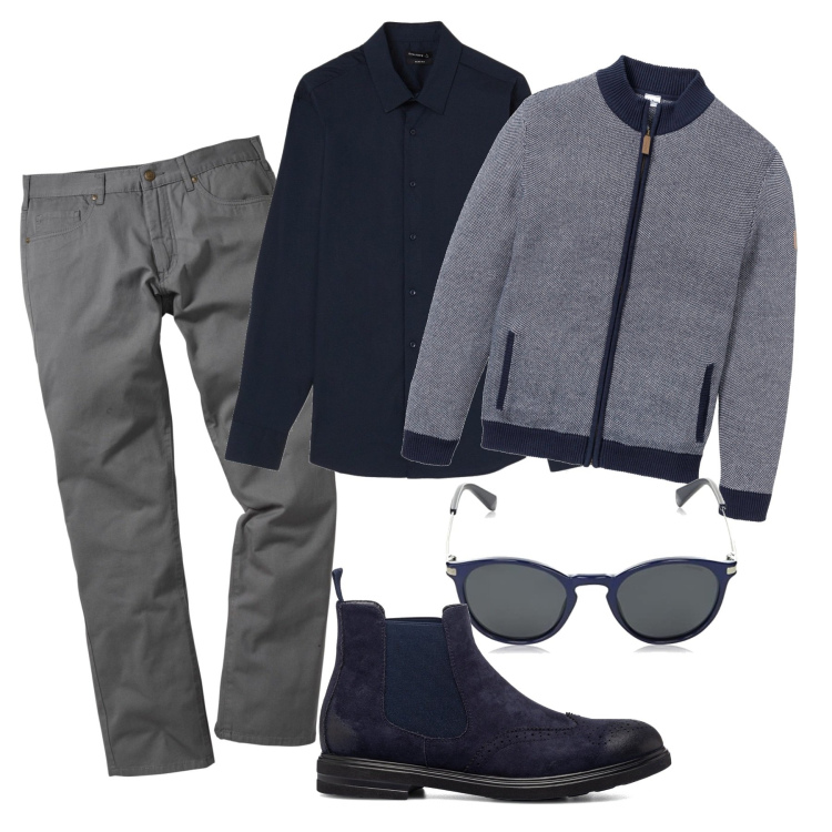 Outfit uomo - Blu da giorno. Stile Urban per Tutti i giorni. Abbinamento con cardigans, pantaloni, camicie, stivali e stivaletti, occhiali da sole.