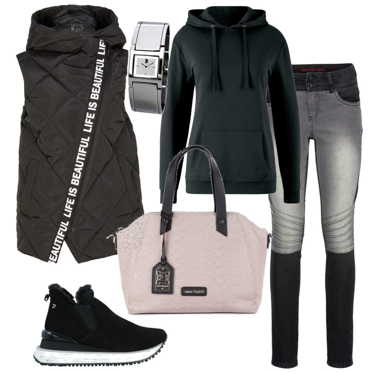 Outfit donna - Gilet casual. Stile Basic per Tutti i giorni. Abbinamento con felpe con cappuccio, gilet, jeans skinny, stivaletti, borse a mano, orologi.