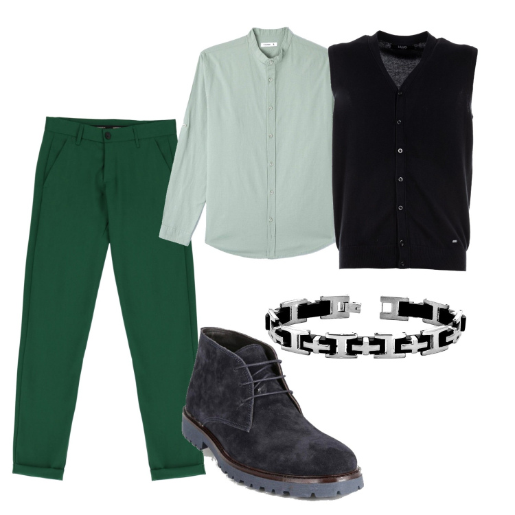 Outfit uomo - Coreana e gilet. Stile Casual per Tutti i giorni. Abbinamento con camicie, stivali e stivaletti, braccialetti, piumini, pantaloni.