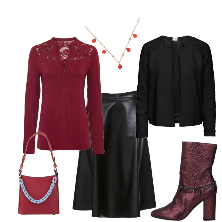 Outfit donna - Un sexy San Valentino. Stile Sexy per Serata fuori. Abbinamento con blazer, maglieria, gonne, stivaletti, borse a mano, collane.