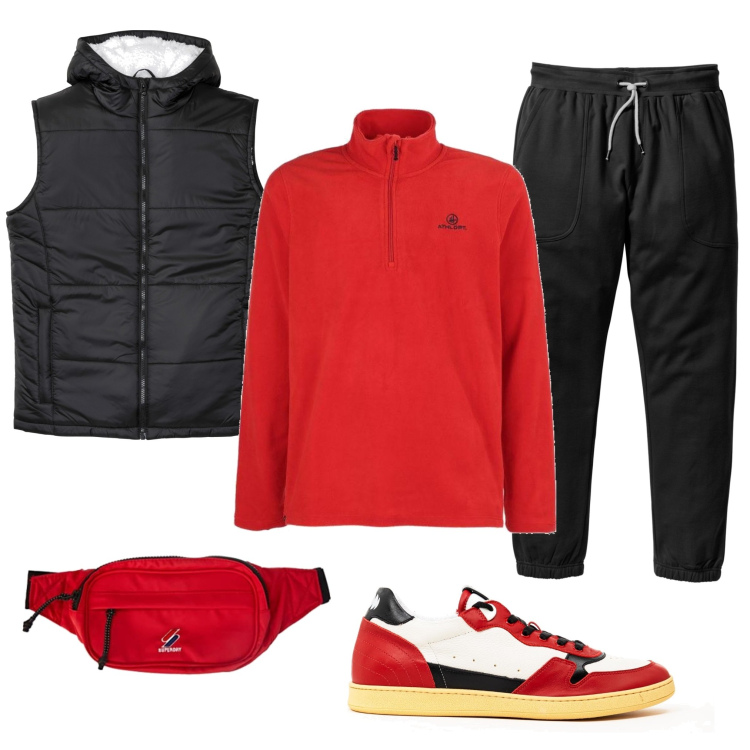 Outfit uomo - Felpa in pile. Stile Casual per Sport. Abbinamento con pantaloni sportivi, gilet, felpe, sneakers, borse sportive.