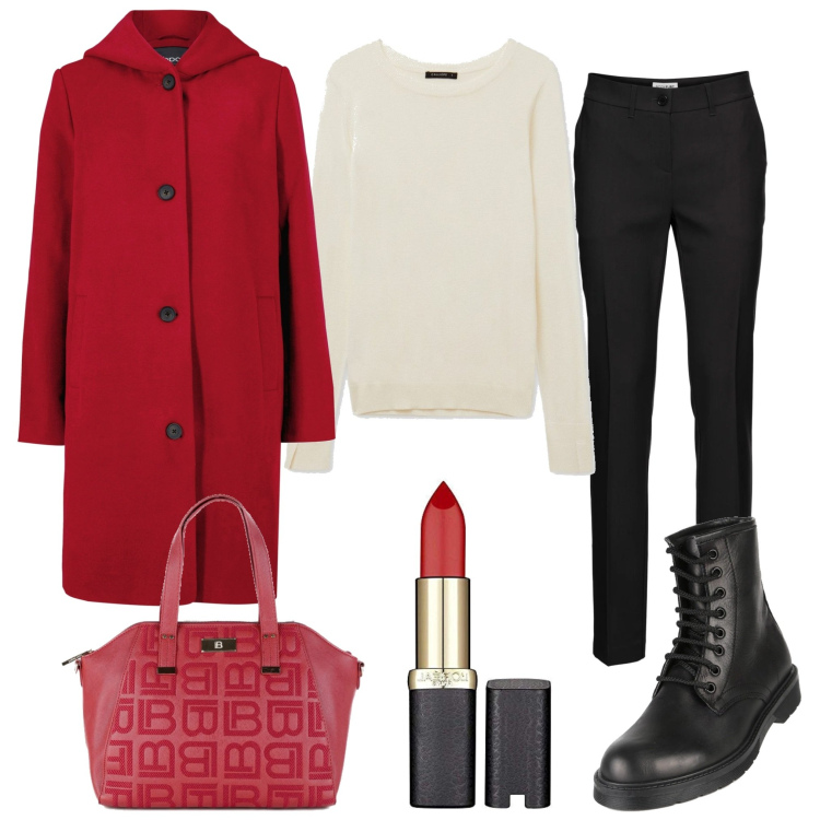 Outfit donna - Rosso L\'Oréal. Stile Urban per Tutti i giorni. Abbinamento con pantaloni, cappotti, anfibi, borse a mano, maglieria, rossetti.