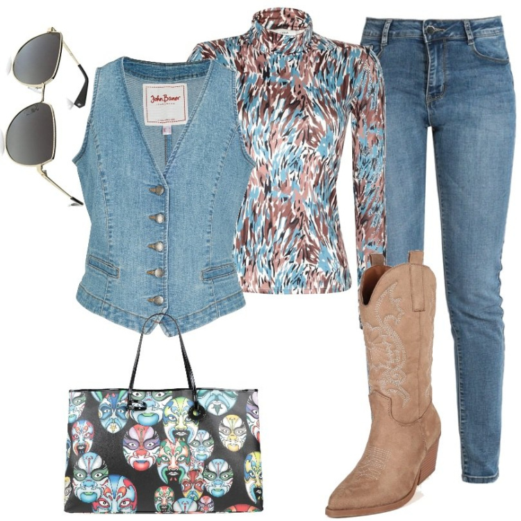 Outfit donna - Borsa custo barcellona. Stile Casual per Tutti i giorni. Abbinamento con gilet, borse a spalla, t-shirt, jeans slim fit, stivaletti texani, occhiali da sole.
