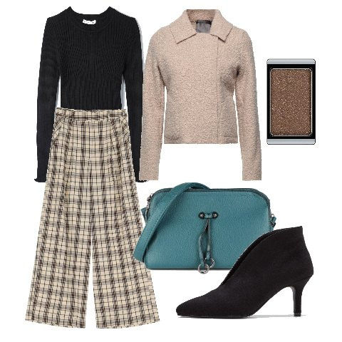 Outfit donna - Ampiezze tartan. Stile Chic per Tutti i giorni. Abbinamento con cappotti, zaini, maglieria, borse a mano, pantaloni a palazzo, blush.