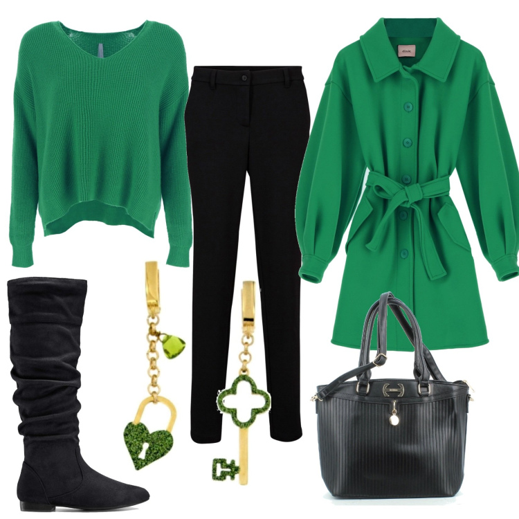 Outfit donna - Verde speranza. Stile Casual per Tutti i giorni. Abbinamento con stivali, pantaloni, orecchini, pullovers, borse a tracolla, cappotti.
