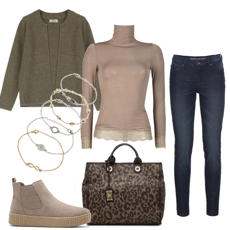 Outfit donna - Attraente e comoda. Stile Trendy per Tutti i giorni. Abbinamento con jeans skinny, braccialetti con ciondoli, stivaletti, maglieria, cardigans, borse a mano.