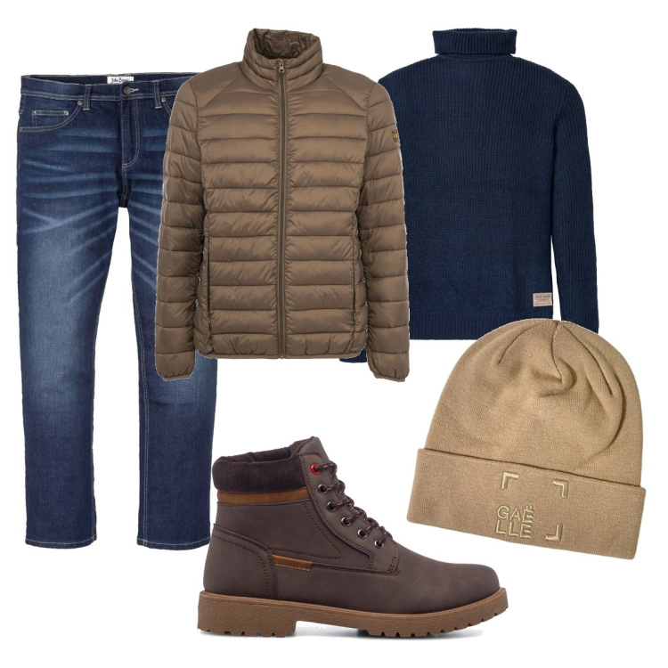 Outfit uomo - Casual #3117. Stile Casual per Tutti i giorni. Abbinamento con jeans dritti, maglieria, cappelli, piumini, stivali e stivaletti.