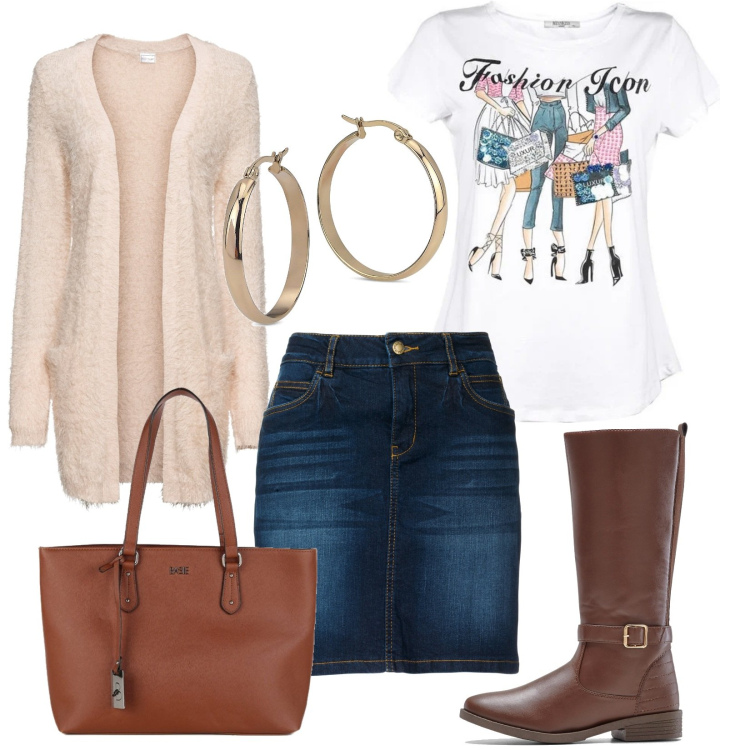 Outfit donna - Oggi gonna in denim. Stile Casual per Tutti i giorni. Abbinamento con gonne, stivali, cardigans, t-shirt, borse a spalla, orecchini.