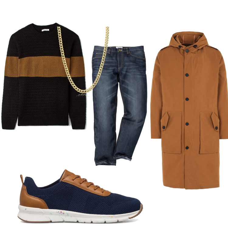Outfit uomo - Trendy #2366. Stile Trendy per Ufficio. Abbinamento con jeans dritti, cappotti, maglieria, collane, sneakers.