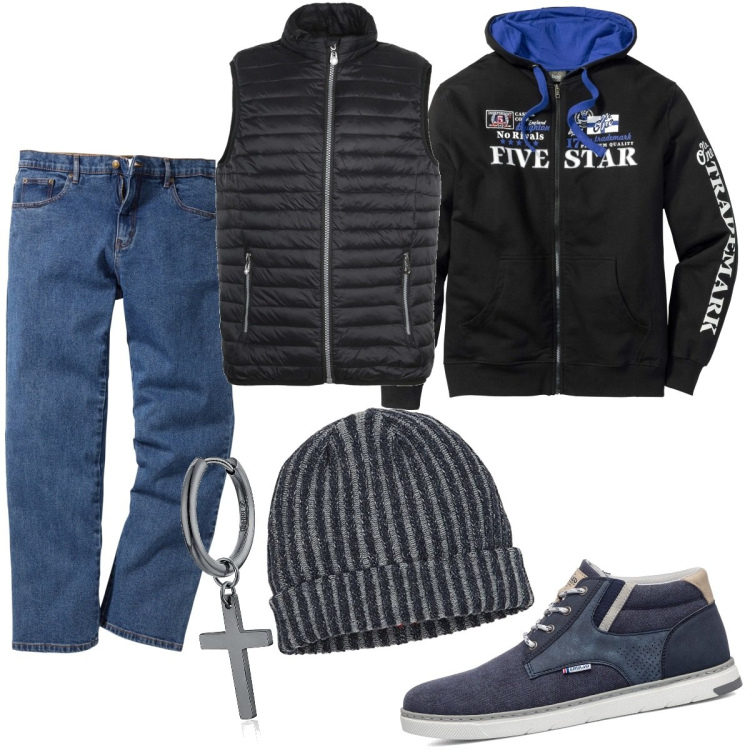 Outfit uomo - L\'orecchino che mi piace. Stile Casual per Tutti i giorni. Abbinamento con jeans dritti, felpe con cappuccio, gilet, orecchini, sneakers alte, berretti.