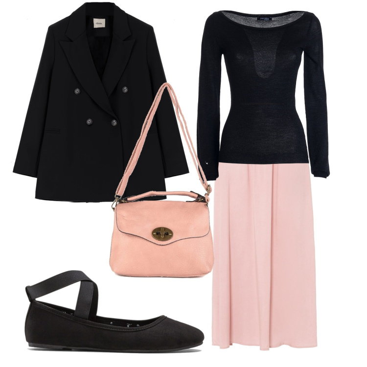 Outfit donna - Le ballerine con l\'elastico. Stile Basic per Ufficio. Abbinamento con ballerine, gonne lunghe, borse a mano, maglieria, giacche.