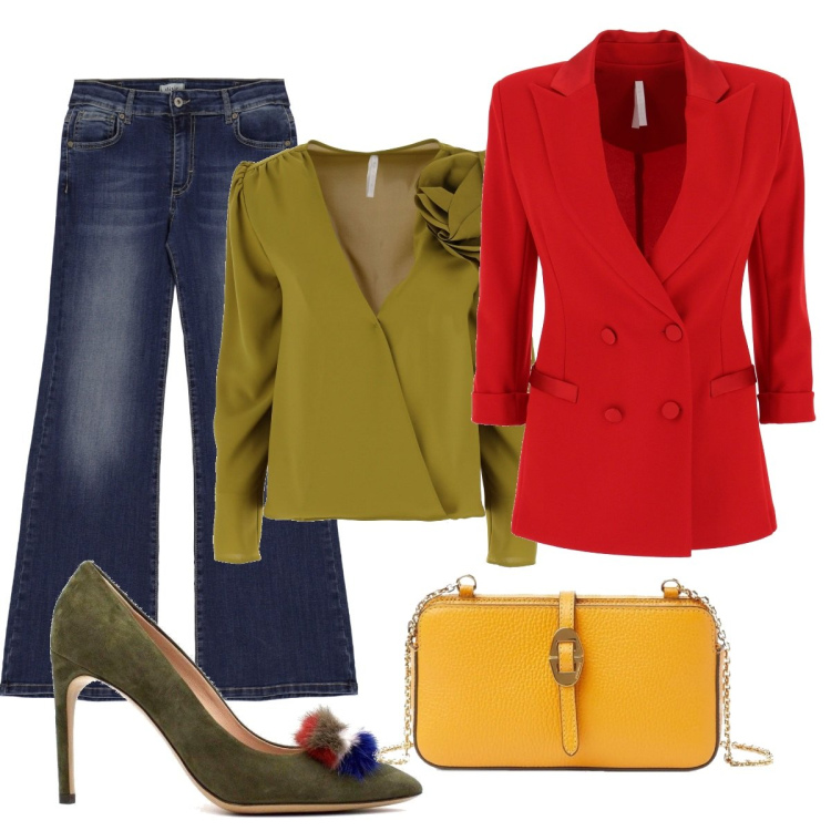 Outfit donna - Aperitivo in centro. Stile Casual per Serata fuori. Abbinamento con bluse, giacche, décolleté, borse a tracolla, jeans.