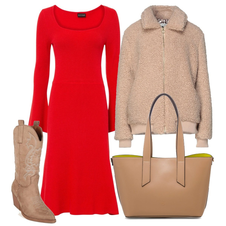 Outfit donna - L\'abito rosso. Stile Casual per Tutti i giorni. Abbinamento con cappotti, vestiti corti, stivaletti texani, borse a tracolla.