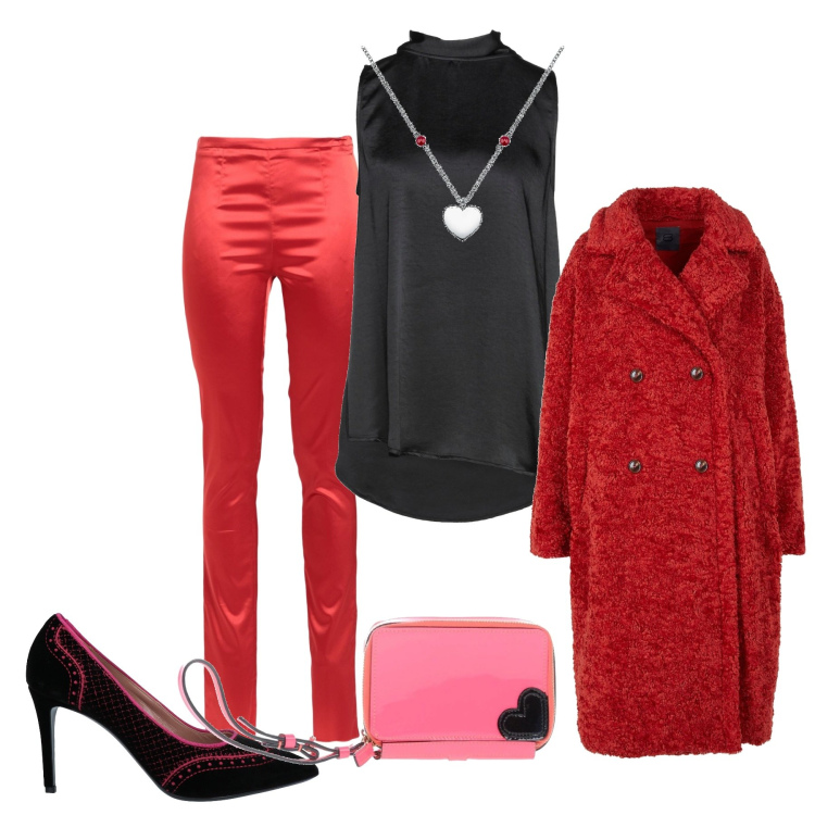 Outfit donna - Un San Valentino tutto morbido. Stile Casual chic per Serata fuori. Abbinamento con décolleté, pantaloni, top, cappotti, borse a mano, collane.
