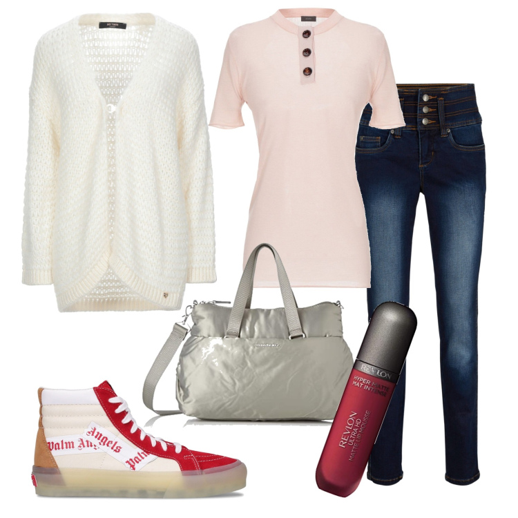 Outfit donna - Casual #2667. Stile Casual per Scuola/Università. Abbinamento con cardigans, pullovers, jeans, sneakers, borse sportive, rossetti.