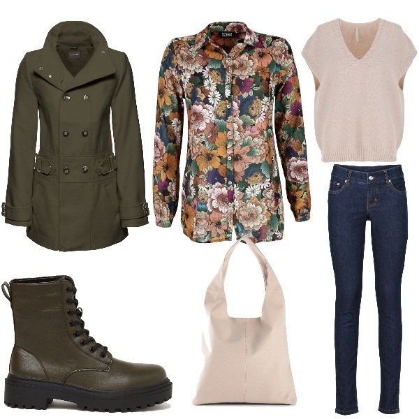Outfit donna - Giretto con le amiche. Stile Casual per Tutti i giorni. Abbinamento con jeans skinny, cappotti, shopping bag, camicie, pullovers, anfibi.
