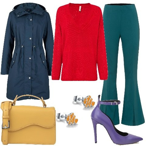 Outfit donna - Un arcobaleno di colori. Stile Glamour per Serata fuori. Abbinamento con borse a mano, parka, maglieria, pantaloni, orecchini, décolleté.