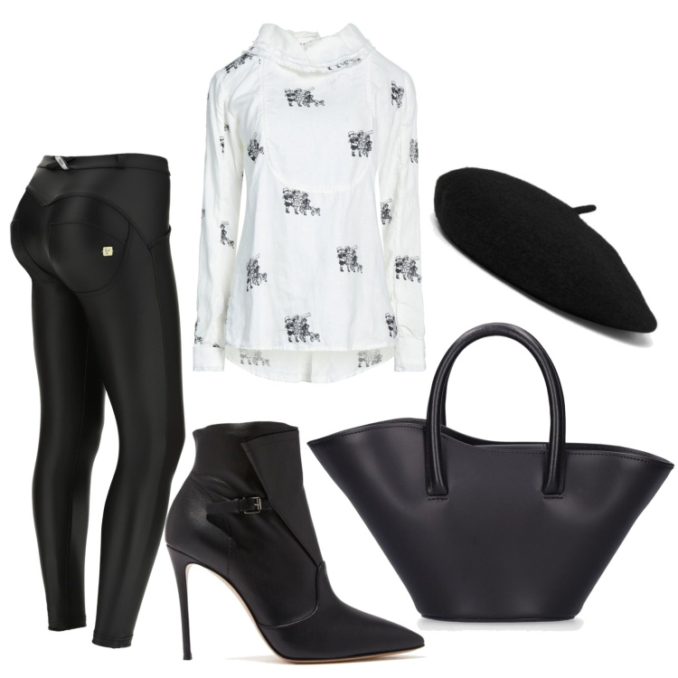 Outfit donna - Sinuosa. Stile Trendy per Ufficio. Abbinamento con bluse, stivaletti, pantaloni skinny, berretti, borse a mano.